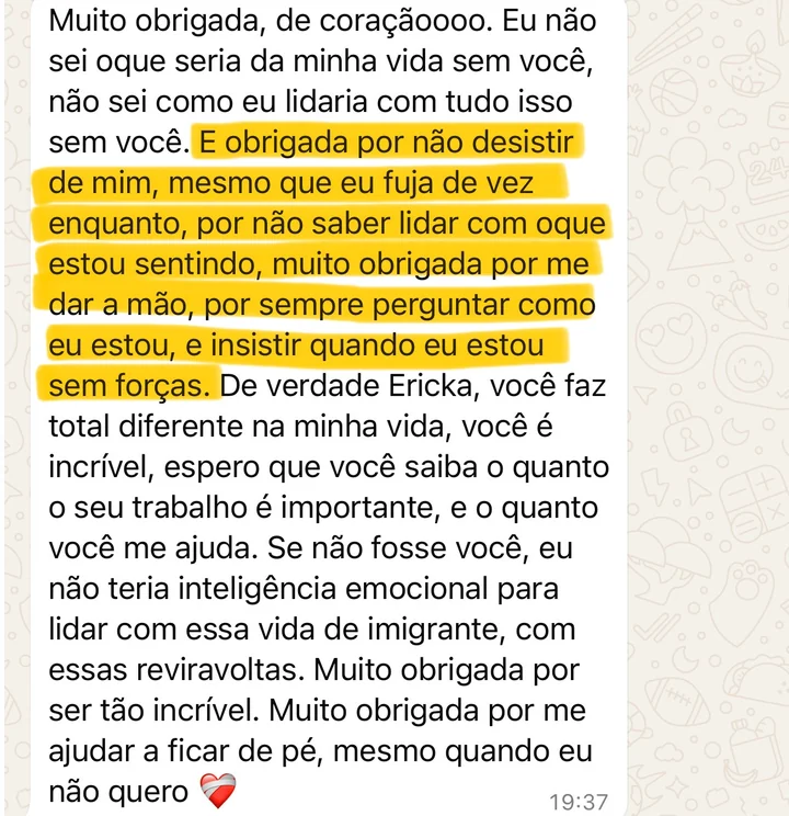 Mensagem de uma paciente agradecendo a Ericka